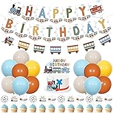 Sursurprise Train Theme Birthday Decorations, Steam Train Happy Birthday Bunting Banner, Railroad Train Crossing Garland, Cake Cupcake Topper Balloon, Transportation Bday Party Supplies