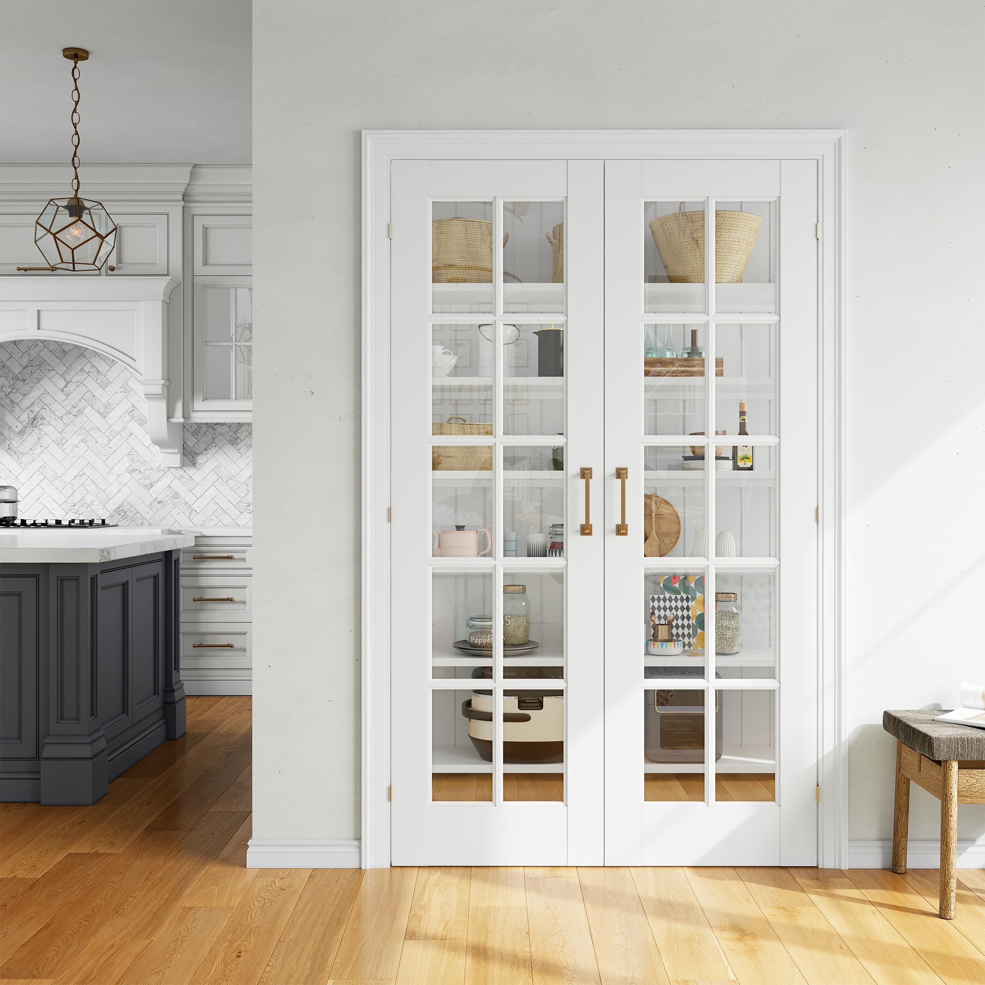 View 1 of (24" x 2) x 80" Clear Glass French Interior Door Slab, 10-Lite Glass Pantry Door for Bathroom Laundry Closet Pocket, Solid Core Pre-Assembled Panel Without Hardware, White