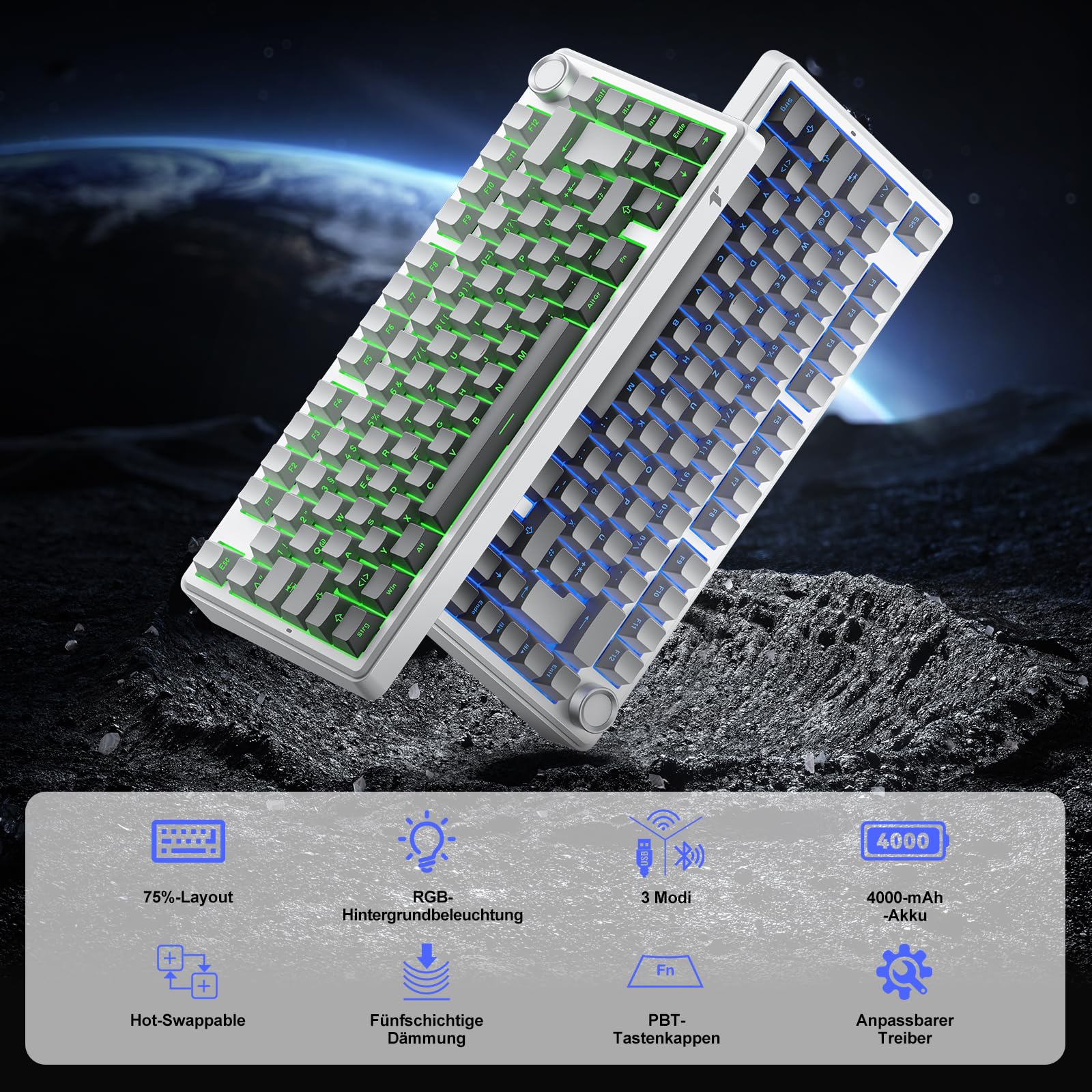 TECURS 75% Gaming Tastatur Kabellos, DREI-Modus 2.4GHz/BT5.0/Type-C RGB Rote Schalter Mechanische Tastatur, Hot Swap, Seitliche Gravur PBT-Tastenkappen mit Drehknopf, QWERTZ (Gradient Grau) 5