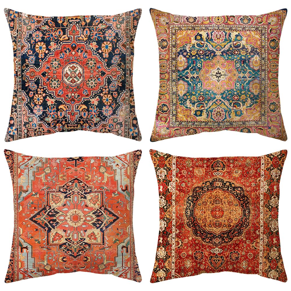 Hykiee Cushion Covers Exotic Red 45x45cm Set of 4, Decorative Square Soft Throw Pillow Cases, Double-sides Printed Bohemian Cushion Protectors for Living Room Sofa Bedroom Outdoor Garden Furniture 18"