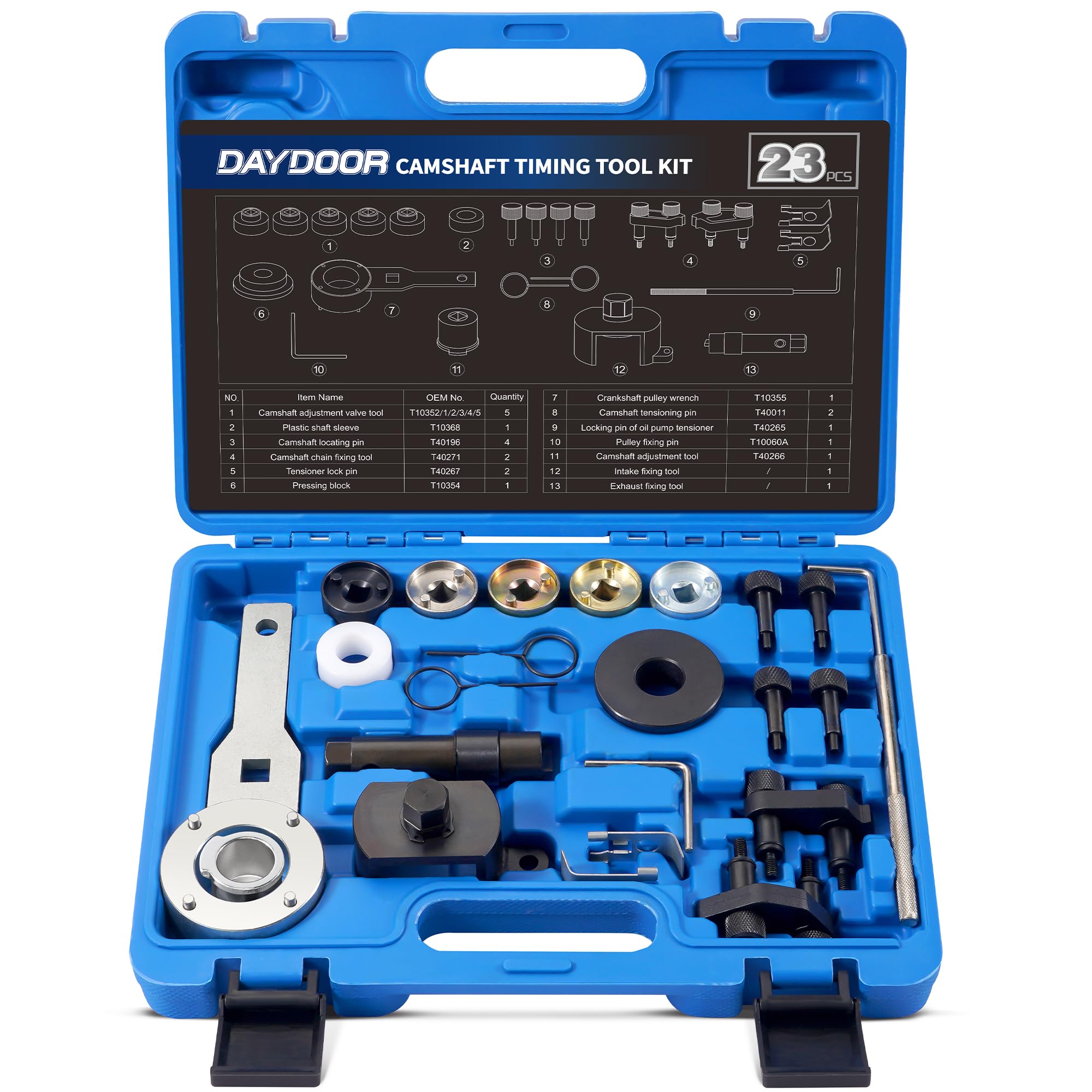 Photo 1 of DAYDOOR Camshaft Crankshaft Engine Timing Tool Kit with Storage Case Compatible with Audi VW VAG 2006-2018 EA888 1.8 2.0 TSI TFSI T10355 T10060A T10352 T10368 T40011 T40196 T40268-23 PCS