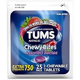 TUMS Chewy Bites Antacid Tablets, Assorted Berries, 25 Count | Extra Strength, Single Dose Packs, Neutralizes Acid for Indigestion and Upset Stomach, Multi-Symptom Relief, Gluten Free