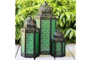 Vela Lanterns Outdoor Moroccan Candle Lantern Decorative Set of 3 for Ramadan Decor, Green