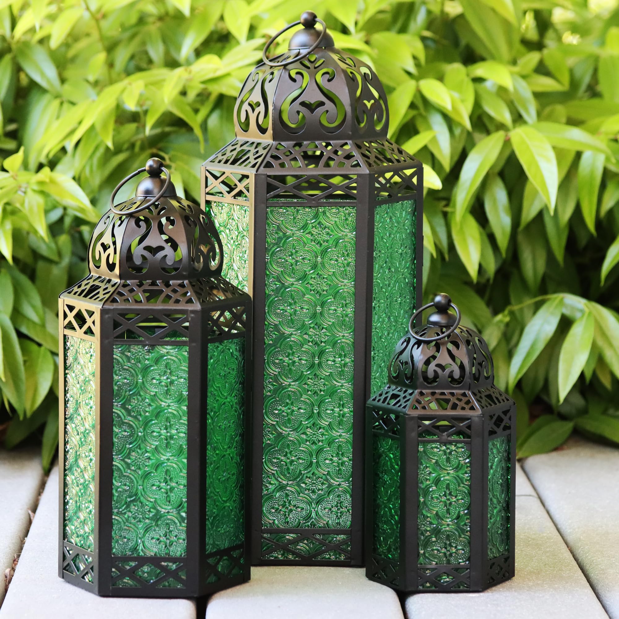 Photo 1 of VELA LANTERNS Moroccan Candle Lantern Decorative Set of 3 for Floor, Ramadan Decorations, Indoor Home Decor, Outdoor Patio or Porch, Halloween, Weddings, Green