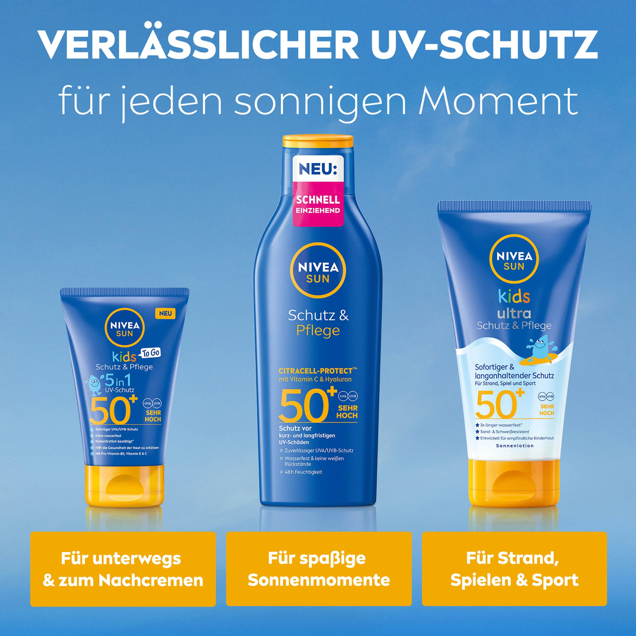 NIVEA SUN Kids Schutz & Pflege To Go LSF 50+ Sonnencreme, hoher Sonnenschutz mit Vitamin C & E, schweiß- & extra wasserfeste Sonnenlotion für empfindliche Kinderhaut (50 ml) 7