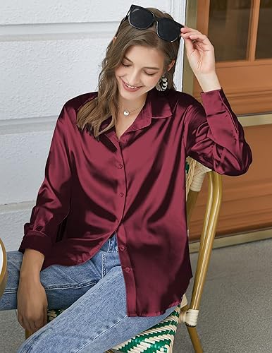 Chigant Women's Satin Silk Blouse Long Sleeve Button Down Shirt Work Tunic  Top (Wine Red,Small)