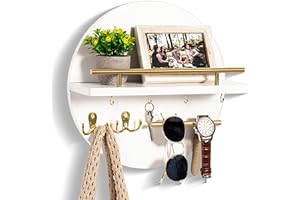 DREAMPOSSIBLE Key Holder for Wall Decorative with Shelf and Hooks, Mail Organizer Wall Mount with Sunglasses Holder, Circular Design Entryway Key Rack Hanger, Rustic Home Decor Boho Wall Decor (White)