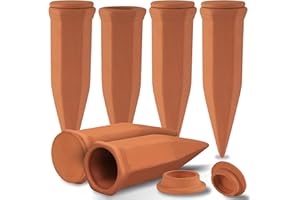 Soilagua Large Terracotta Watering Spikes with Lids, Automatic Plant Waterer Outdoor | Indoor, Vacation Friendly Clay Plant Watering Devices System, Slow Release Self Watering Planter Insert, 6 Pack