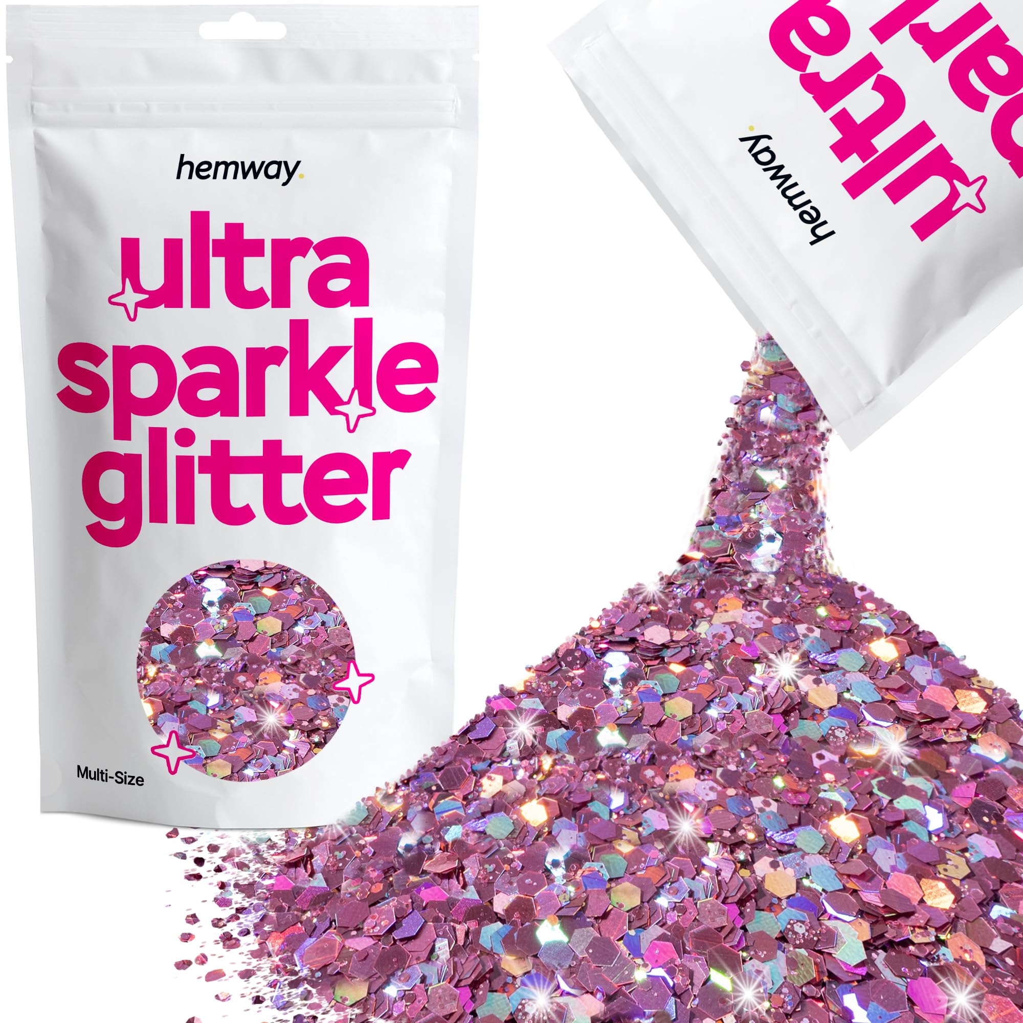 Hemway Ultra Sparkle Glitter Pink Holographic 100g Multi Size | Glitter for Arts & Craft, Makeup, Nail Art, Crafting, Card Making, Sparkle Decoration