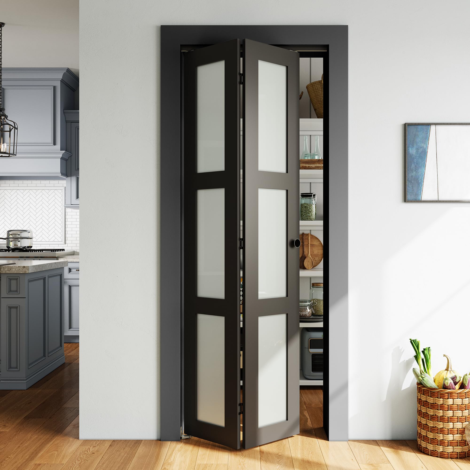 Photo 1 of SMARTSTANDARD 30in x 80in Closet Bifold Door with Bi-fold Door Hardware Kit Included, Tempered Frosted Glass Closet Door, Preassembled Panel, Water-Proof PVC Surface, Black