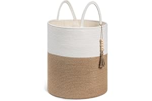 CherryNow Wicker Laundry Basket Tall Woven Hamper, Blanket Storage Basket for Living Room, Entryway, Toy Basket for Nursery, Decorative Clothes Hamper for Bedroom, White & Jute, 51L, 15 x 17.7 inches