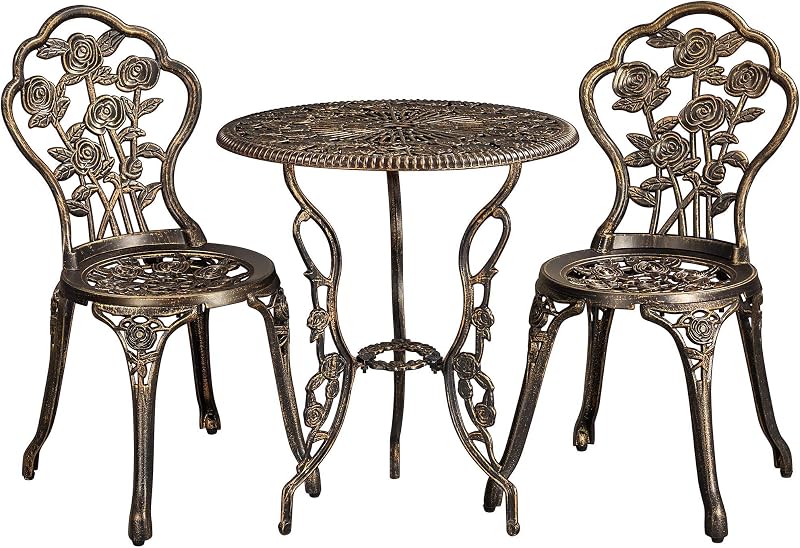 Yaheetech 3-Piece Patio Bistro Set, Bronze Metal, Umbrella Hole