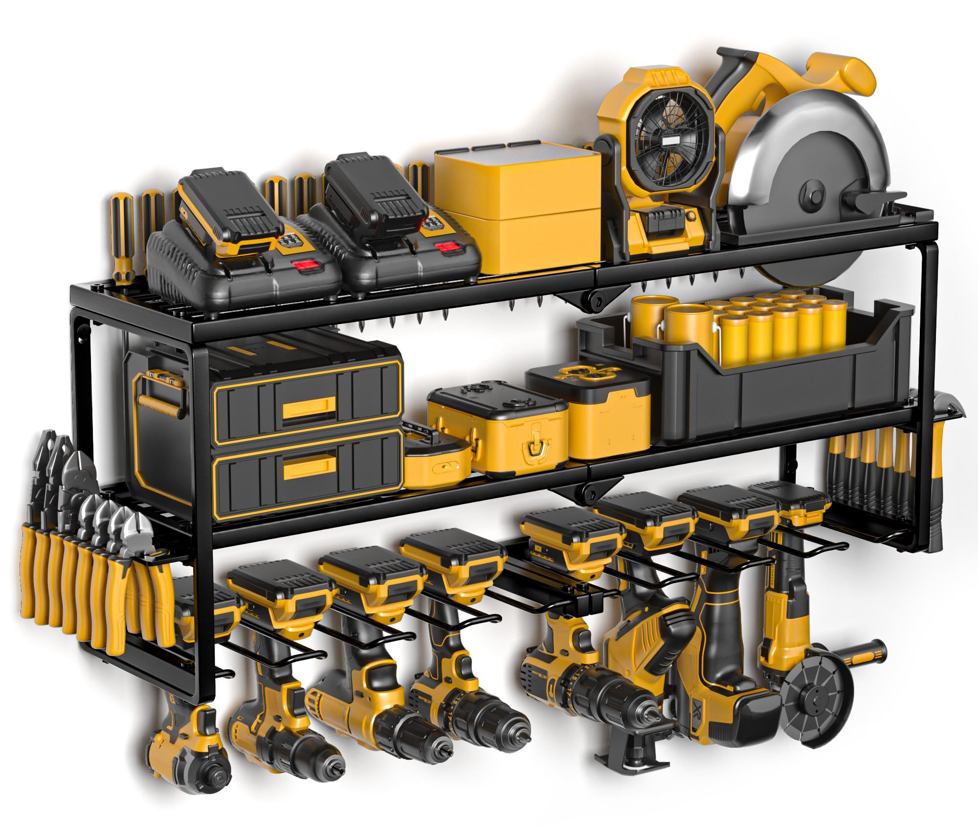 Spampur Power Tool Organizer Wall Mount, 15 Min Assembly & Maximum 100lb load by Heavy Duty Metal, 8 Drill Holder, 3 Layers Garage organization and Storage Rack, Tool Shelf With Battery Holder Image