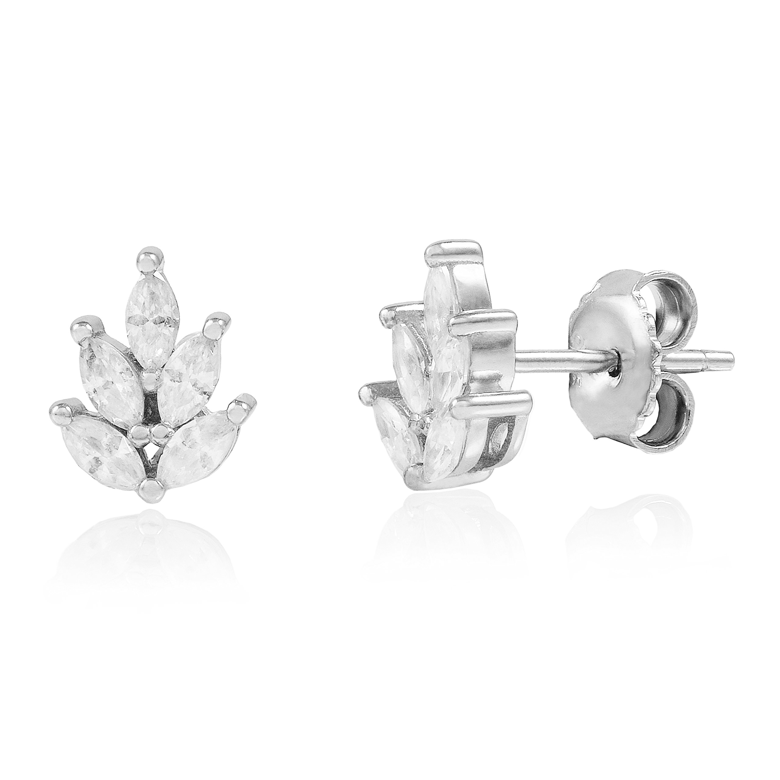 Spoil Cupid Rhodium-Plated Sterling Silver Leaf Marquise Cubic Zirconia Stud Earrings