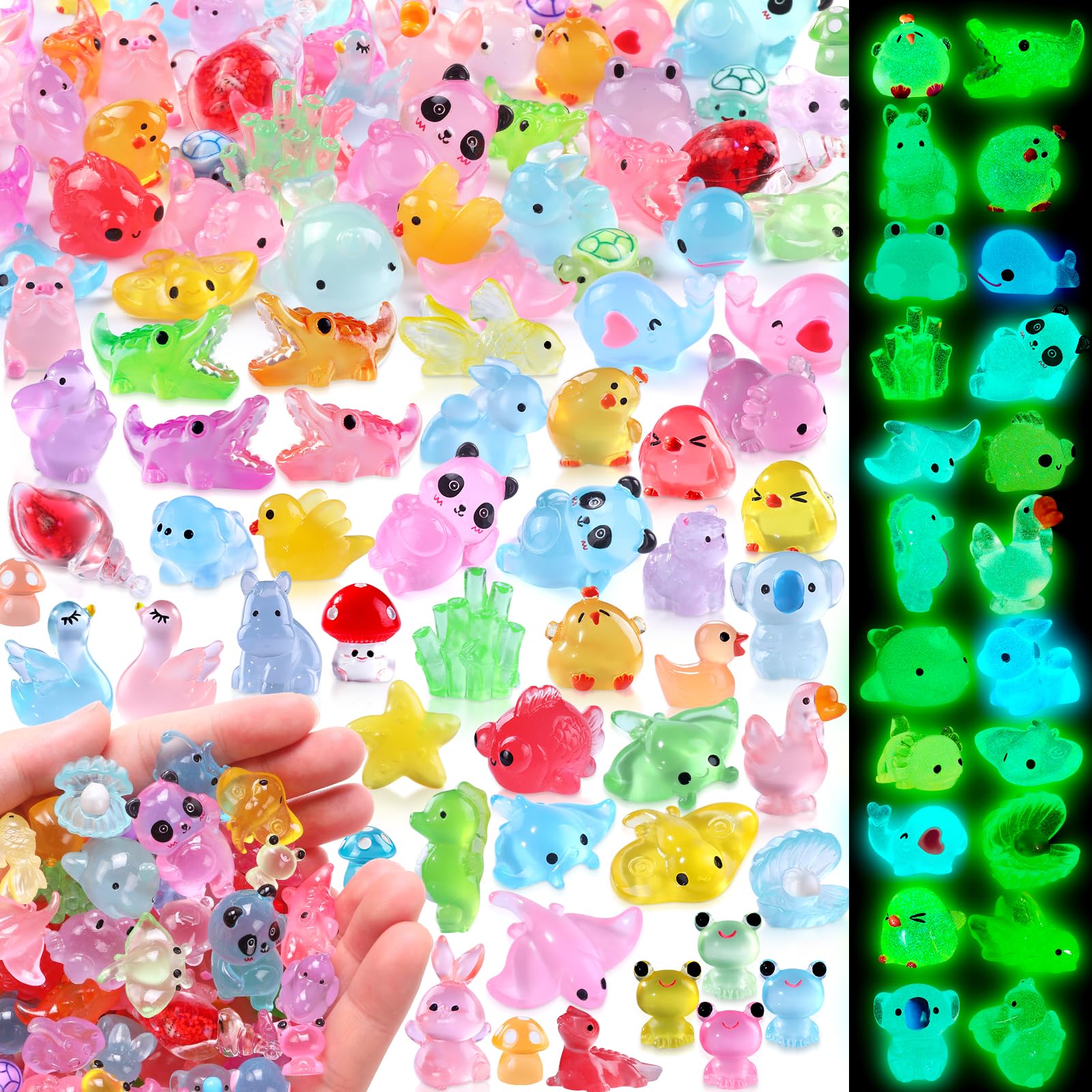 XIMISHOP 164PCS Mini Luminous Resin Animals，56 Styles Tiny Resin Animals Miniature Mini Little Small Plastic Animals Figures Glow in the Dark for Micro Landscape Fairy Garden Aquarium Dollhouse Decor