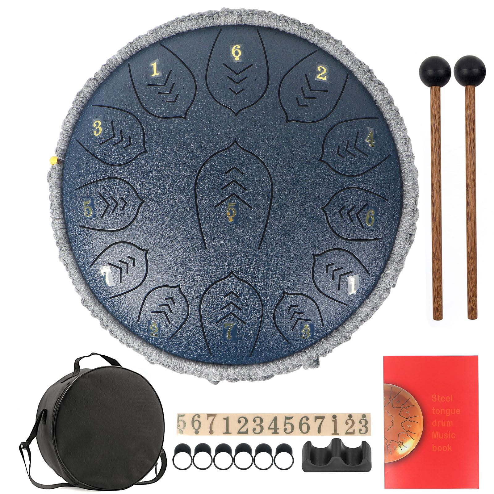 Steel Tongue Drum, Horse 12 Inch 13 Tones Tank Drum C Key Percussion Steel Drum Kit with Drum Mallets Note Stickers Finger Picks Mallet Bracket and Gig Bag(12 Inch 13 Tones Dark Blue) Image