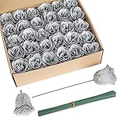 ICBOX Silver Roses,30pcs Glitter Roses Flowers Artificial Roses with Stems for Crafts Wedding Bouquet Party Home Decor(Silver)