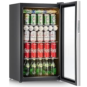 COSTWAY 120 Can Beverage Refrigerator and Cooler Mini Fridge with Glass Door for Soda Beer or Wine Small Drink Dispenser Machine for Office or Bar (120 Can with yellow light)