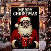 HOMETITUTE Black Santa Merry Christmas Garden Flag 12x18 Inch Holiday Gift Box Yard Banner Double Sided Seasonal Outdoor Flags Winter Porch Decoration for Lawn Patio Pathway Front Yard