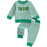 PUHHAPIEY Toddler Baby Boy St Patricks Day Outfit Irish Lucky Charm Embroidery Stripe Waffle Knit Sweatshirt + Pants Set