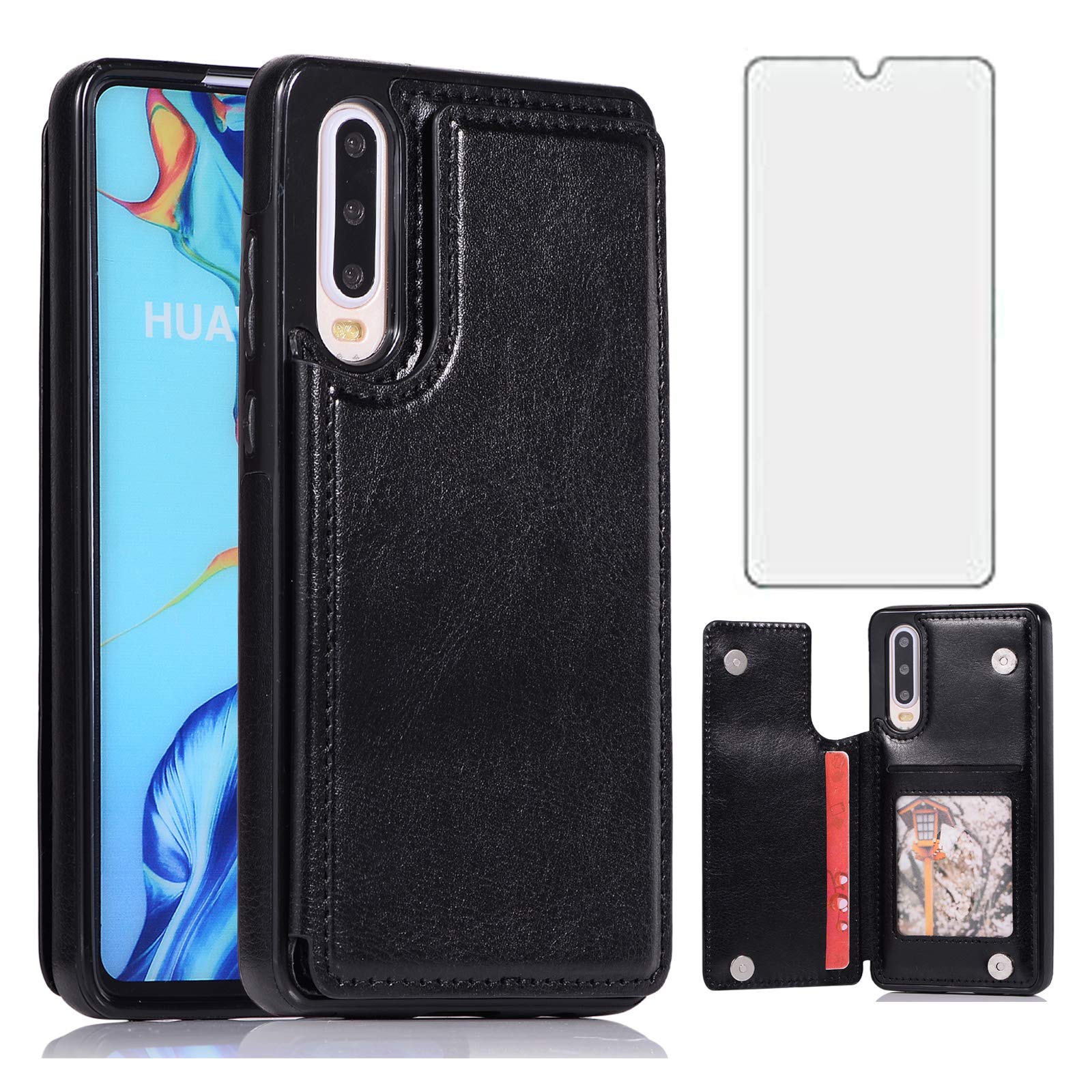 Asuwish Compatible with Huawei P30 Wallet Case Tempered Glass Screen Protector Card Holder Cover Shockproof Leather Filp Stand Cell Accessories Phone Cases for Hawaii P 30 ELE-L29 Women Men Black