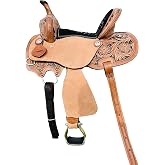 RESISTANCE Western Kids Horse Barrel Saddle for Horse Riding, Western Youth Child Genuine Leather Saddle Floral Tooled Trail Saddle with Silver Conchos