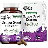 Wild & Organic Grape Seed Extract Capsules - 20,000 mg Strength Grapeseed Extract Equivalent - 95% Polyphenols - 400 mg per Serving - 120 Vegan Capsules - 4 Month Supply - Non-GMO