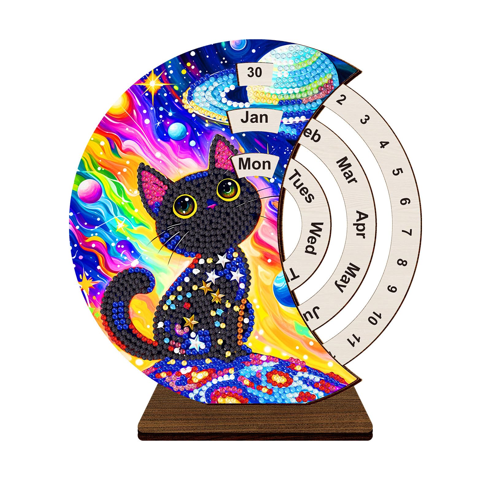 Lebartm DIY Diamond Perpetual Calendar Diamond Art Painting Wooden Manual Rotating Calendar Ornament Desk Round Perpetual Calendar Single Sided Diamond Tabletop Ornaments for Home Decor-Black Cat