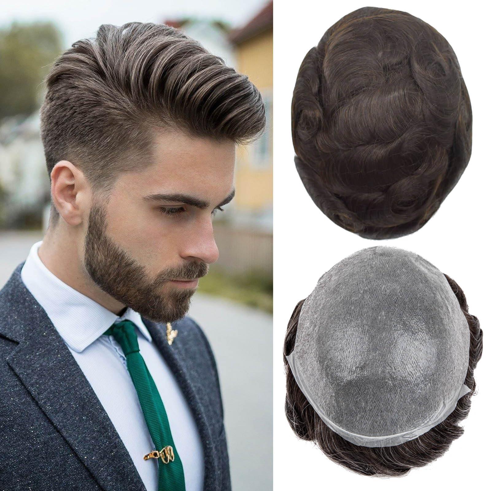 Men's Toupee Real Hair Ultra-Thin 0.03mm Skin Toupee for Men Light Medium Density Hairpiece Base Size 8x10 Inch 100% Human Hair System for Men（#3） — image 1