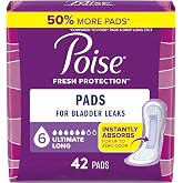 Poise Incontinence Pads for Women, 6 Drop, Long, 42 ct | Ultimate Absorbency, Instantly Absorbs, Bladder Leaks