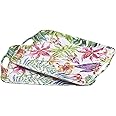 Blue Boat 16.5" x 11.5" Rectangular Serving Trays Set of 2 Floral, Light Weight Easy to Clean Sturdy Stackable Melamine Serving Tray with Handle, Fruit, Snacks, and Desserts Trays