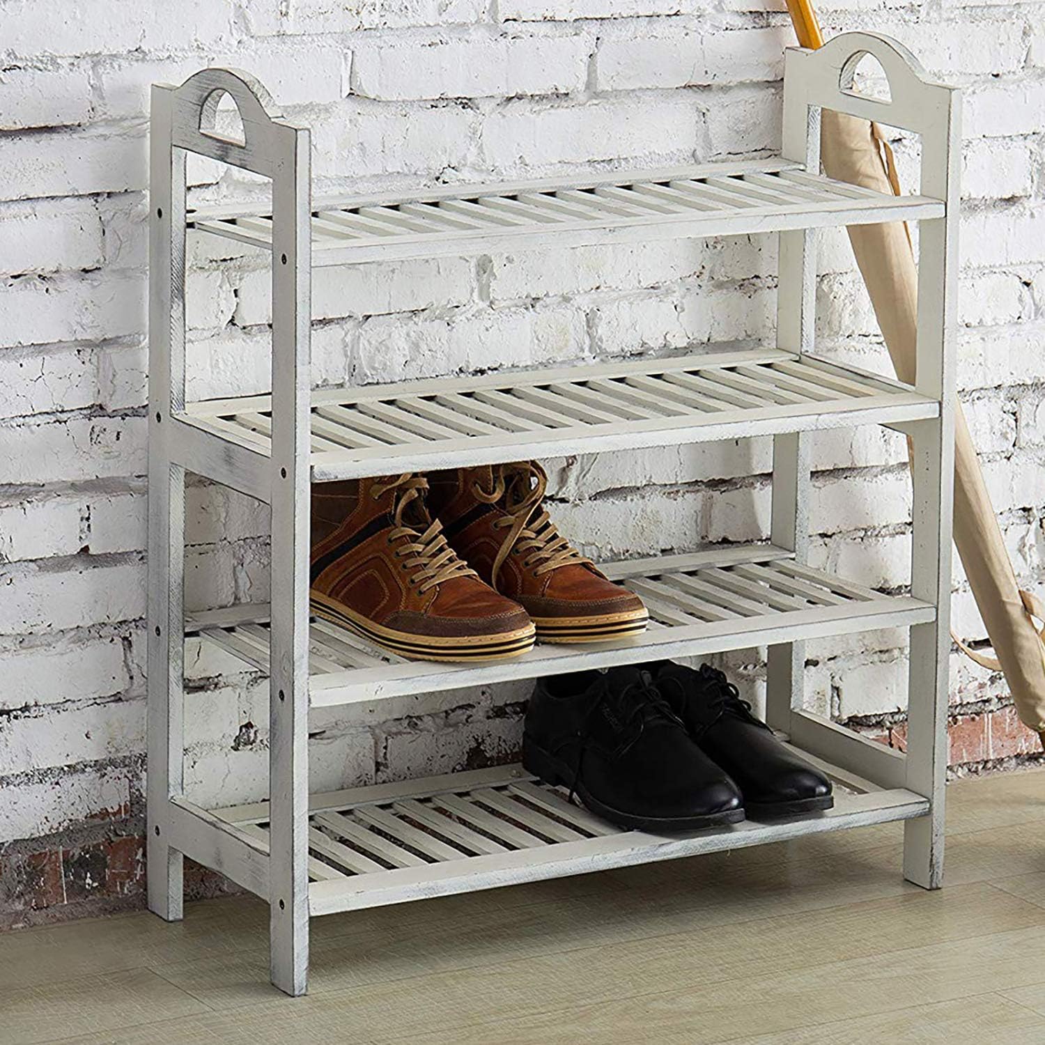 MyGift 4Tier Vintage White Wood Entryway Shoe Rack Storage
