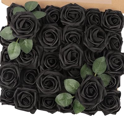 N&T NIETING Artificial Roses 30Pcs Real Touch Foam Black Wedding Decor