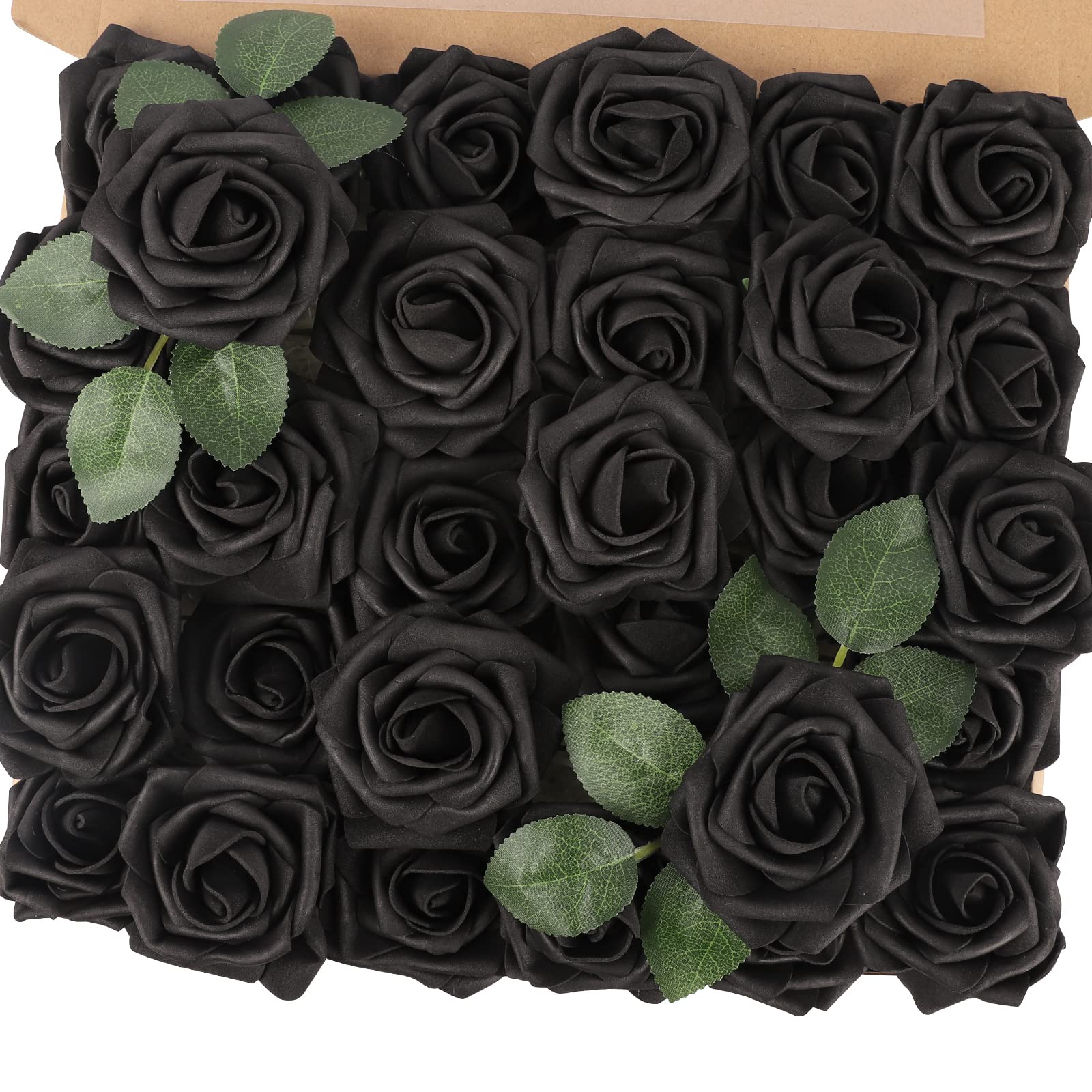 N&T NIETING Artificial Roses Flowers, 30Pcs Real Touch Foam Roses Fake Flowers for DIY Wedding Bridal Bouquets Baby Shower Party Mother's Day Valentine's Day Home Decoration (Black)