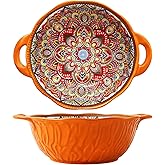 2 Pack Boho Ceramic Serving Bowls with Handles, 40 Oz Porcelain Salad Bowls, Large Serving Dishes for Entertaining, Mixing Bowls for Soup, Stew, Pasta, Cereal, Colorful Embossed Cute Bowls Set MLKS