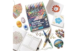 24 Colors Glitter Effect Brush Markers, Dual Tip Metallic Shimmer Pens for Coloring, Smooth Ink Flow No Bleed Glitter Gel Pen