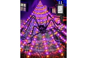 DERGO Halloween Spider Web Lights Outdoor Decorations, 16.4Ft 252LED Giant Spider Web with 35" Large Spider, 8 Modes, Timer, Waterproof for Outside House Parties Yard Mansion Decor (Purple & Orange)