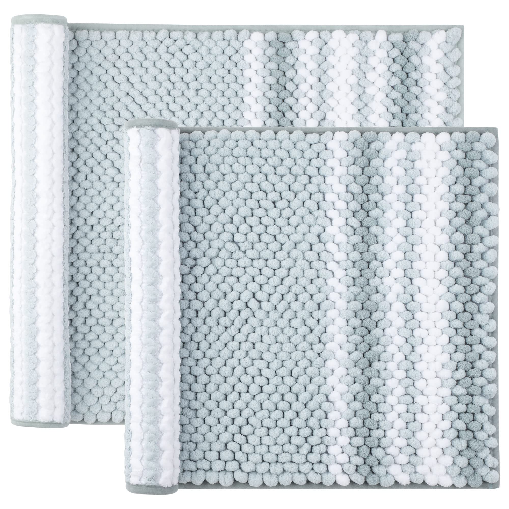 PiccoCasa Chenille Bathroom Rug Set of 2 Extra Soft Fluffy, Non-Slip Bath Mat Shaggy Rugs Absorbent Area Rugs Washable Carpet for Tub, Kitchen Floor Light Cyan and White 43x61cm & 51x81cm