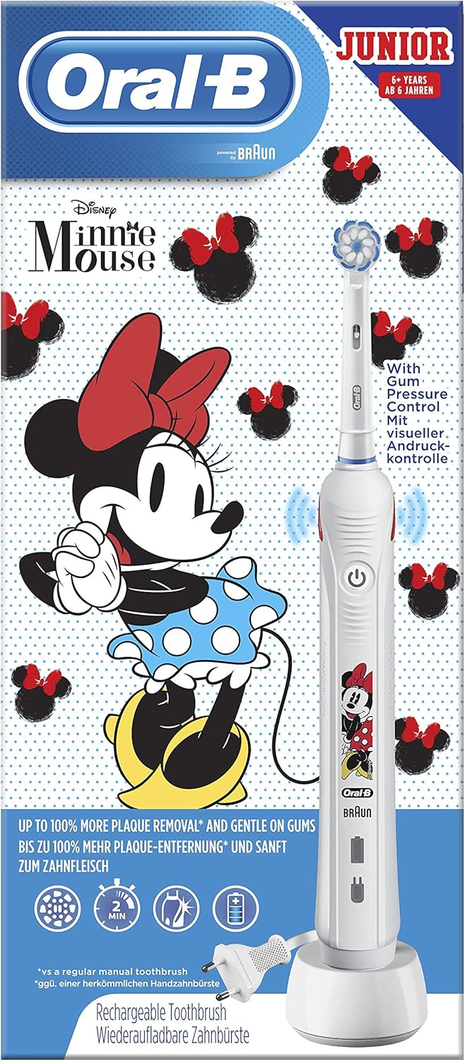 Oral-B Junior - Cepillo Eléctrico Recargable con Tecnología de Braun, 1 Mango de Minnie 1 Cabezal, Apto para Niños Mayores de 6 Años