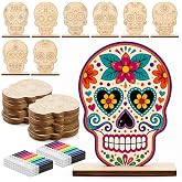 DoubleFill 32 Pcs Dia De Los Muertos Craft Day of The Dead DIY Craft, Skull | Unfinished Wooden Sugar Skull Painting Decor with Watercolor Pen, for Day of The Dead Halloween Party Home Activities Decor