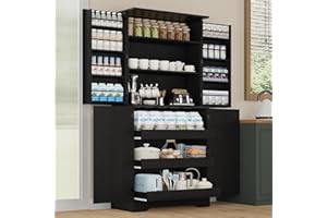 REVOMINCA 72" Kitchen Pantry Cabinet Storage, Farmhouse Pantry Cabinet with 8 Hanging Rack Shelves & 3 Pull-Out Racks, Pantry Storage Cabinet, Freestanding Cupboard for Kitchen, Dining Room, Black