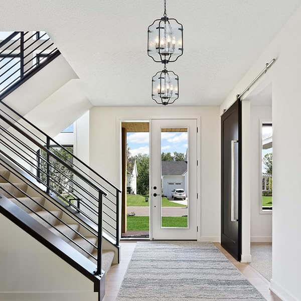 MAJHOIW 10.2″ BLACK CHANDELIERS GLASS 4 LIGHT MODERN FARMHOUSE LANTERN CAGE LAMP ADJUSTABLE HANGING PENDANT LIGHTING FIXTURE FOR KITCHEN ISLAND ENTRYWAY FOYER DINING ROOM