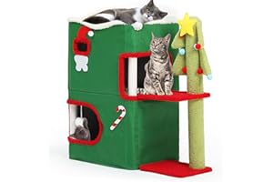 YITAHOME Christmas 2-Tier Cat House, Indoor Cat Cave Bed Playhouse, Covered Cat Beds & Furniture with Scratch Pad and Hideaway Cave,Christmas Cute Modern Cat Condo Furniture for Multi Small Cats