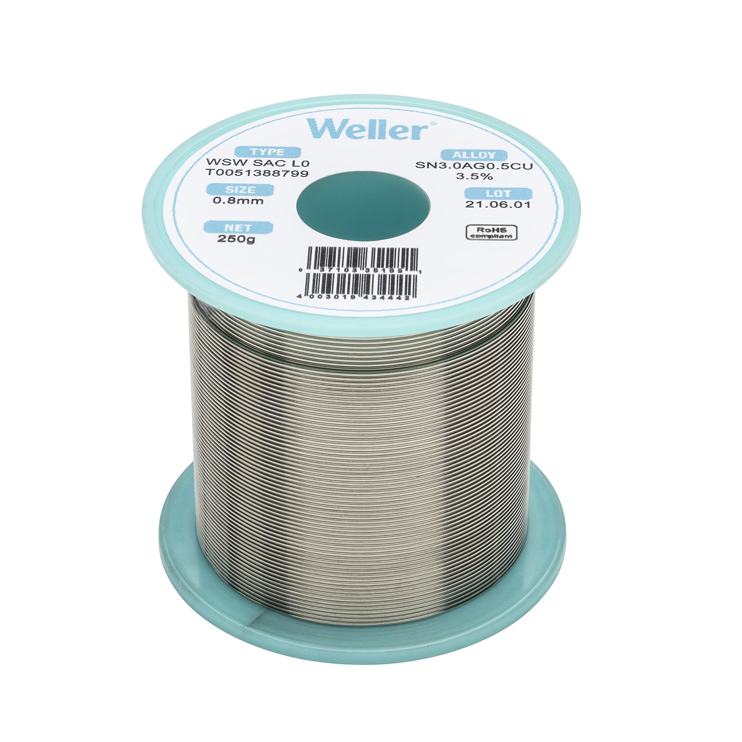 Weller WSW SAC L0 (T0051388799) Lead Free Solder Wire, Dia: 0.8 mm / 0.039 in, Wt: 250 g / 8.818 oz, Alloy Sn96.5Ag3.0Cu0.5, Flux Content 3.5%
