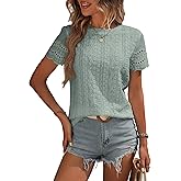RICHSTORY Womens Summer Tops Crewneck Short Sleeve Shirts Casual Textured Eyelet Top Dressy Blouses