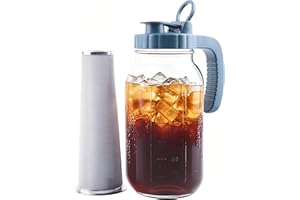 GMAEURL Mason Jar Pitcher With Stainless Steel Filter 64 OZ Wide Mouth Cold Brew Coffee Maker 2 Quart Glass water pitcher with lid Half Gallon Cold hot Tea maker For Lemonade Milk Juice Refrigerator