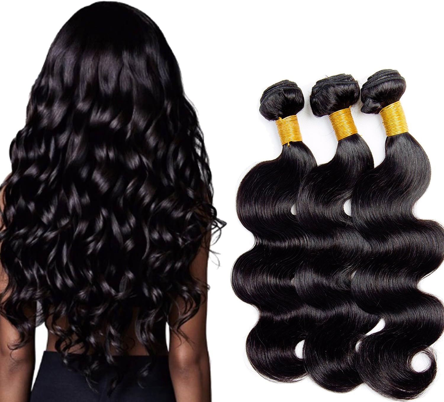 SiSiShow Brazilian Virgin Body Wave Remy Hair Extensions 3 Bundles Unprocessed Human Hair (16" 18" 20", Black)