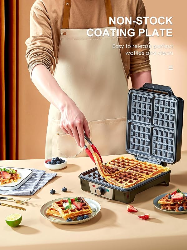 máquina de waffles, máquina de waffles para 4 waffles, 1200W de calor rápido e estável, máquina de waffles com revestimento de placa de aquecimento antiaderente, regulação contínua da temperatura, fácil de armazenar