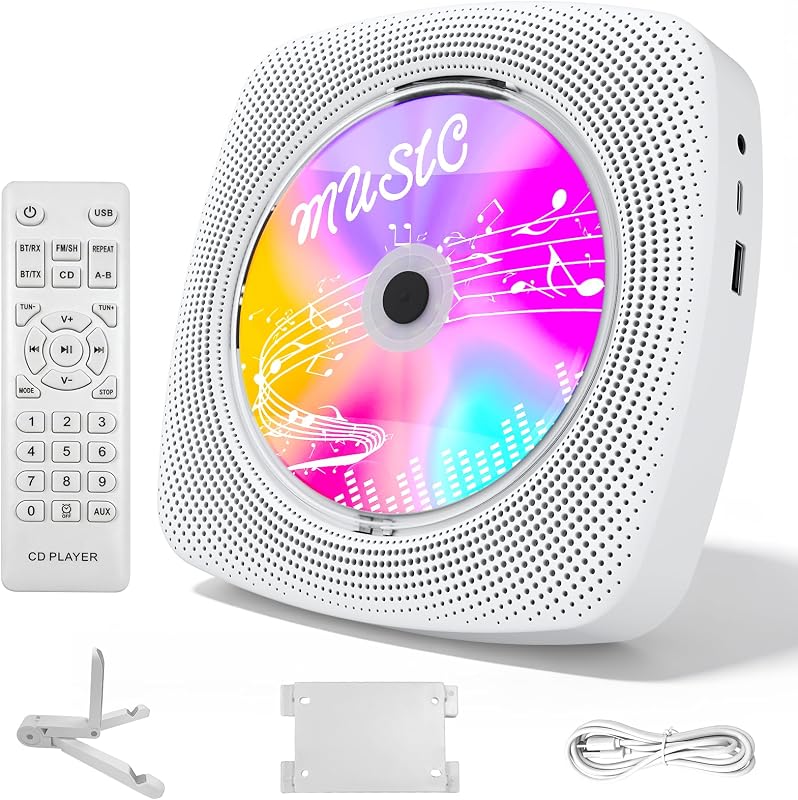 Lettore CD portatile WDV04 per casa e outdoor, Bluetooth con altoparlanti, batteria ricaricabile 4000 mAh, radio FM, USB, telecomando, montaggio a parete e supporto da tavolo