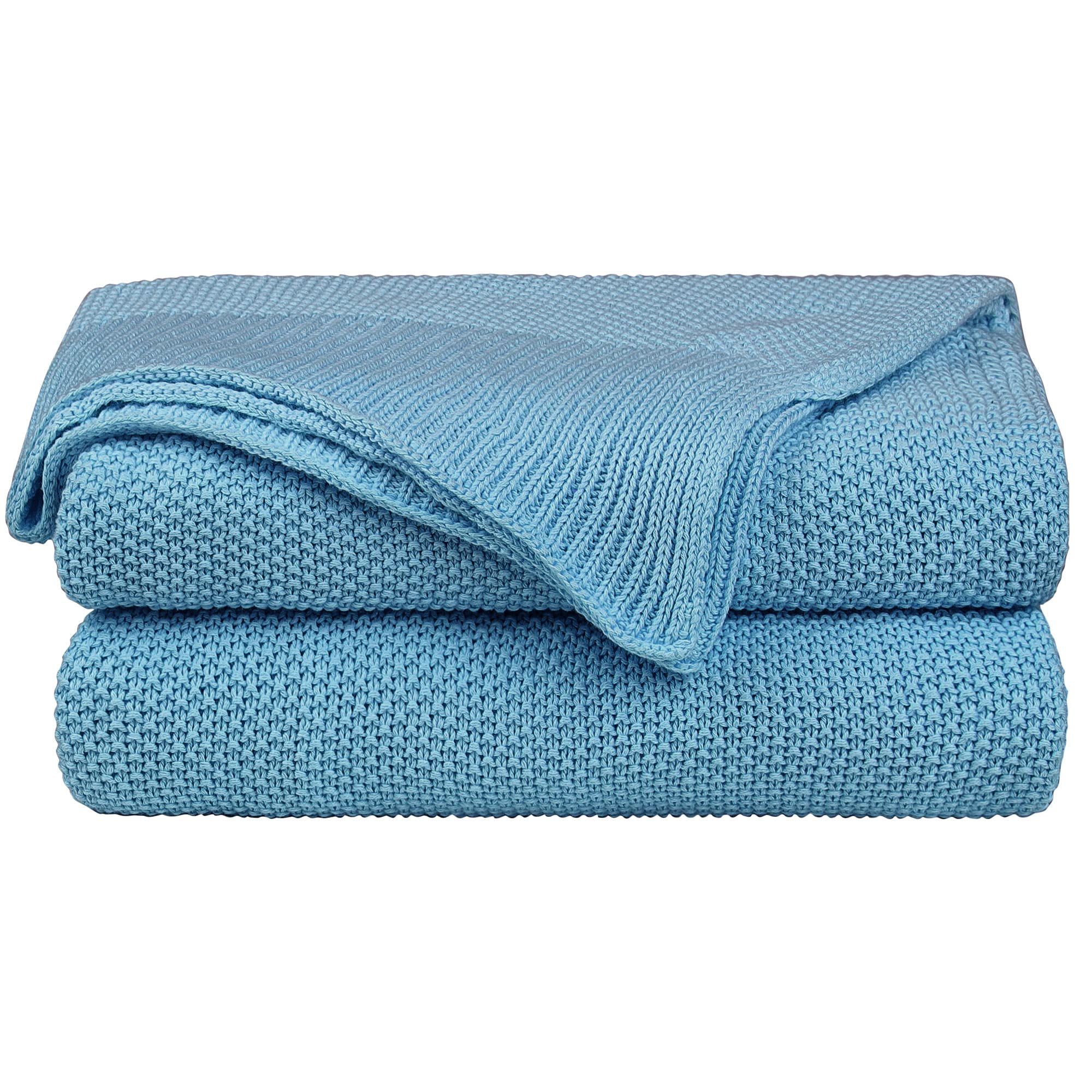 PiccoCasa 100% Cotton Knit Blanket Twin Size,Solid Lightweight Decorative Throws and Blankets,Soft Knitted Throw Blanket for Sofa Couch, Pale Azure 60" x 78"